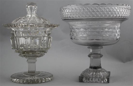 A cut glass pedestal comport & a glass sweetmeat jar and cover, c.1830, 21.5cm. and 23.5cm.